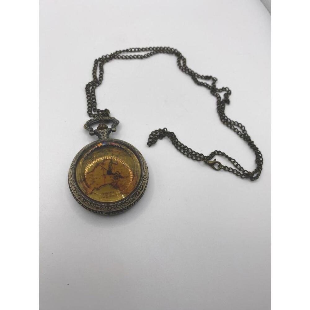 Ornate Vintage Bronze Tone Australia Map Pocket Watch Pendant Long Chain - Picture 3 of 4